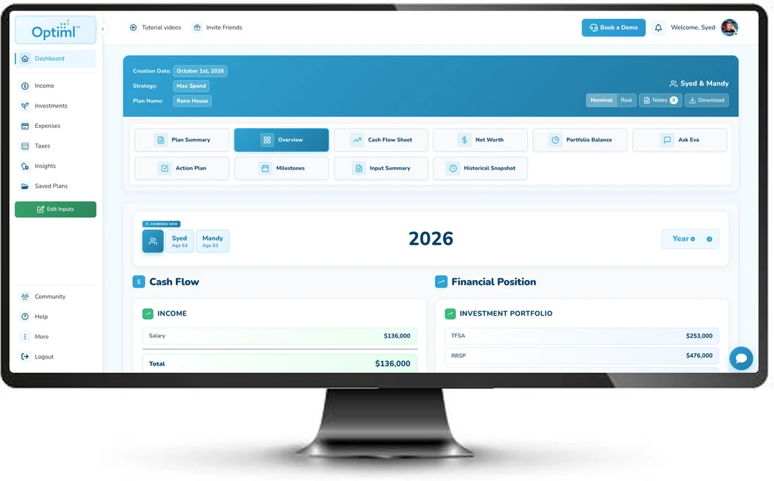 The Optiml dashboard today: a couple's retirement plan overview with cash flow and investment portfolio